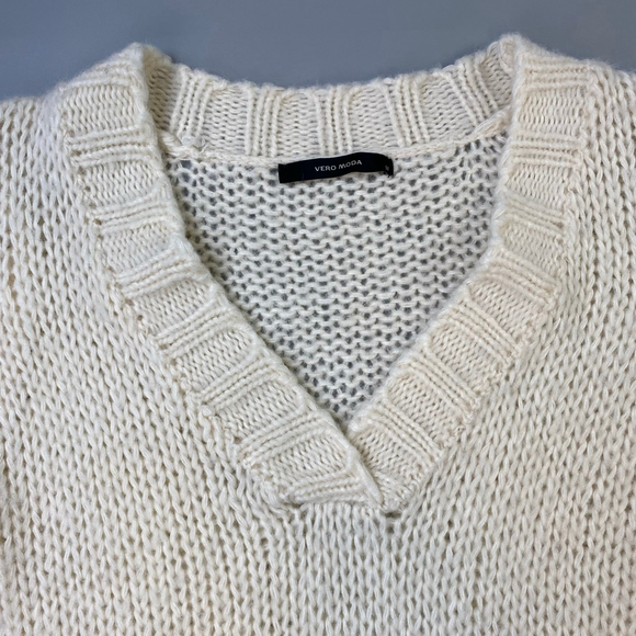 Vero Moda Knit Dress Medium Cream Short Sleeve V-Neck Cozy Soft Sheer Chunky - Picture 5 of 11